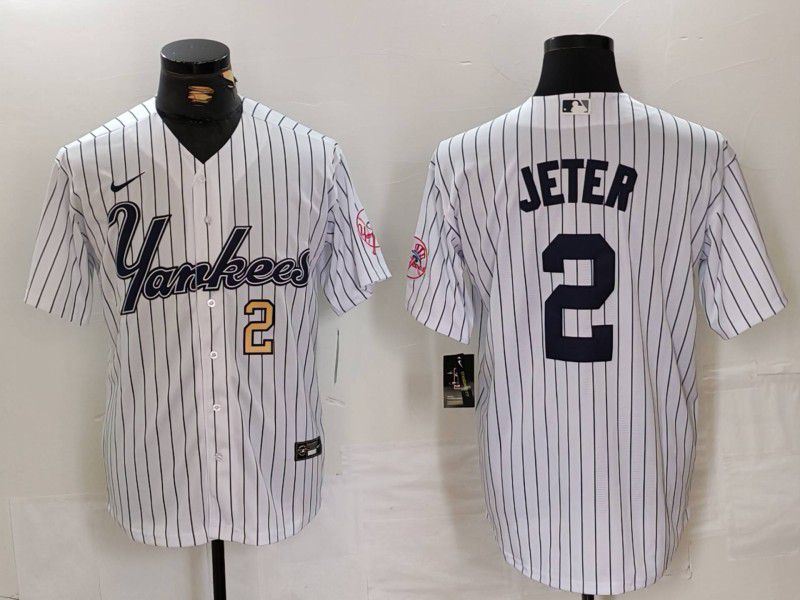 Men New York Yankees 2 Jeter White stripe Three generations of joint names Nike 2024 MLB Jersey style 2